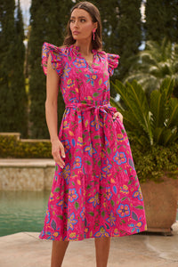 KaleaBoutique Stylish Flutter Sleeve Belted Floral Long Dress - KaleaBoutique.com