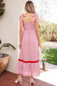KaleaBoutique Stylish Bow Knot Straps Contrast Trim High Waist Ruffle Hem Maxi Dress - KaleaBoutique.com