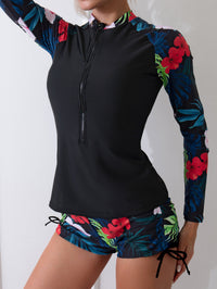 Women's Tropical Print Zip-Front Long-Sleeve Top and Shorts 2 PC Tankini Set - KaleaBoutique.com