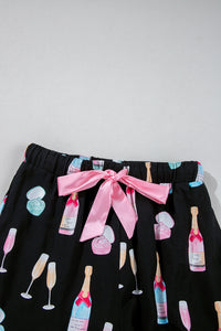 KaleaBoutique Stylish Christmas Wine Glass Print Bow Knot Two Piece Pajama Set - KaleaBoutique.com