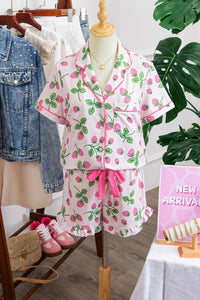 KaleaBoutique Stylish Striped Strawberry Print Lapel Shirt Drawstring Shorts 2pcs Pajama Set - KaleaBoutique.com