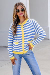 KaleaBoutique Comfortable Striped Colorblock Button Front Long Sleeve Loose Fit Knit Cardigan - KaleaBoutique.com