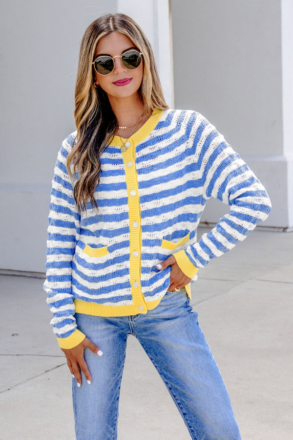 KaleaBoutique Comfortable Striped Colorblock Button Front Long Sleeve Loose Fit Knit Cardigan - KaleaBoutique.com