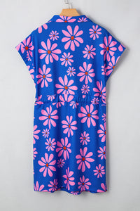 Floral Striped Quarter Zip Cap Sleeve Drawstring Waist Mini Dress - KaleaBoutique.com