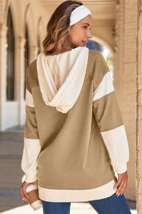 Waffle Contrast Knit Color Block Patchwork Button Front Oversize Hoodie - KaleaBoutique.com