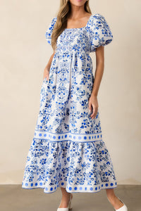 KaleaBoutique Stylish Floral Print Square Neck Bubble Sleeve High Waist Maxi Dress - KaleaBoutique.com