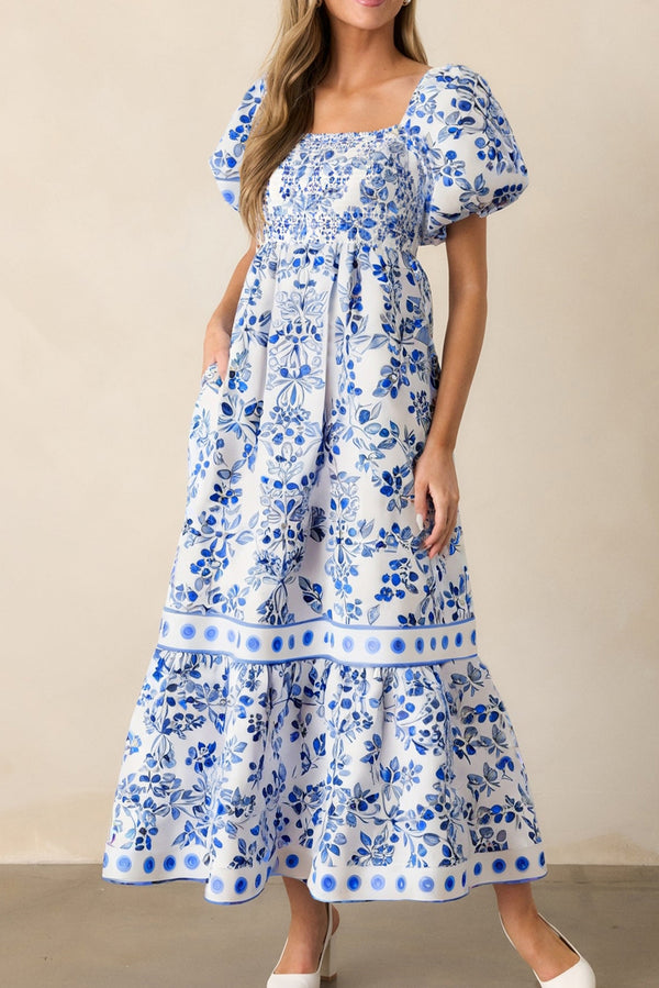KaleaBoutique Stylish Floral Print Square Neck Bubble Sleeve High Waist Maxi Dress - KaleaBoutique.com