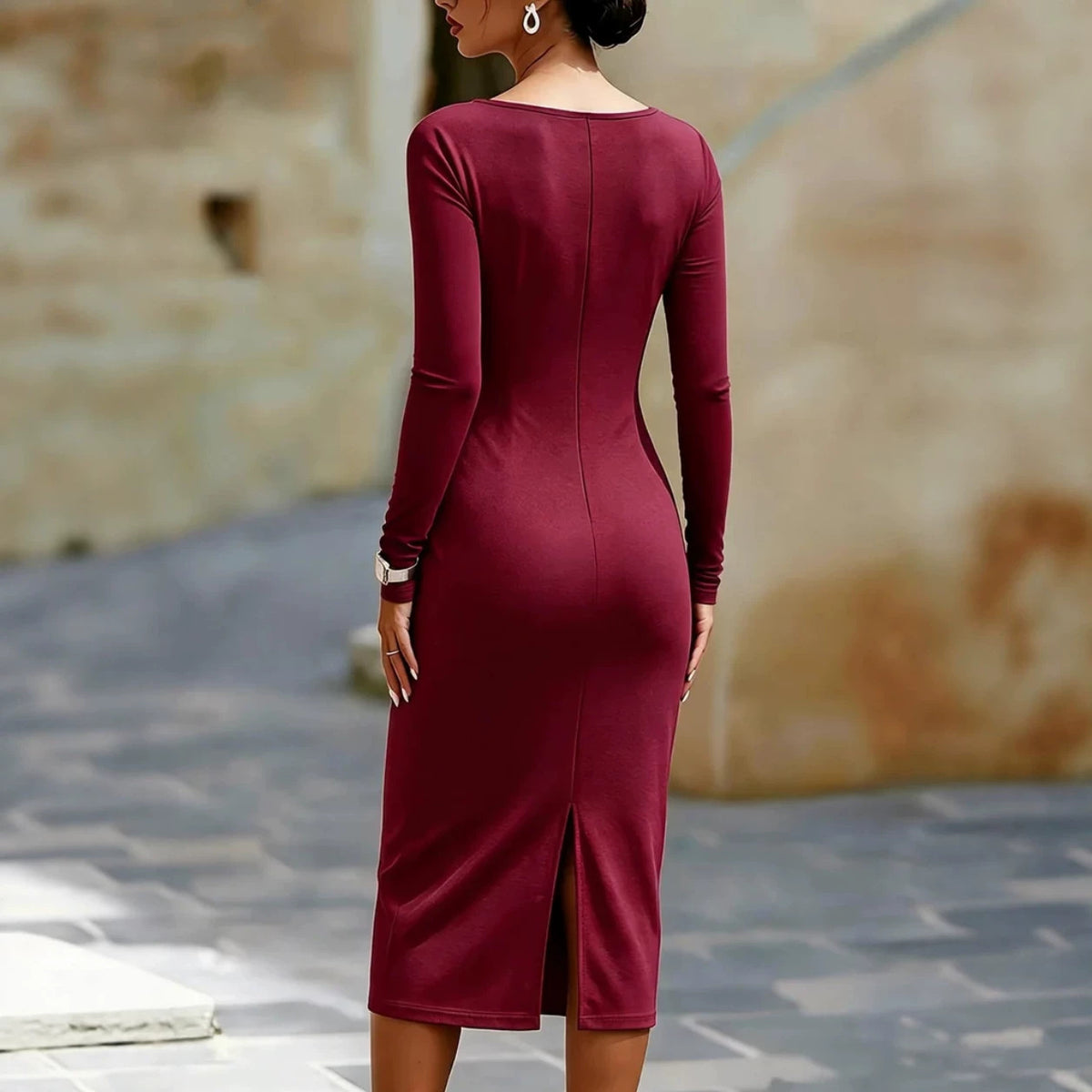 Boat Neck Long Sleeves Figure-hugging Hip-skimming Midi Dress For Women - KaleaBoutique.com