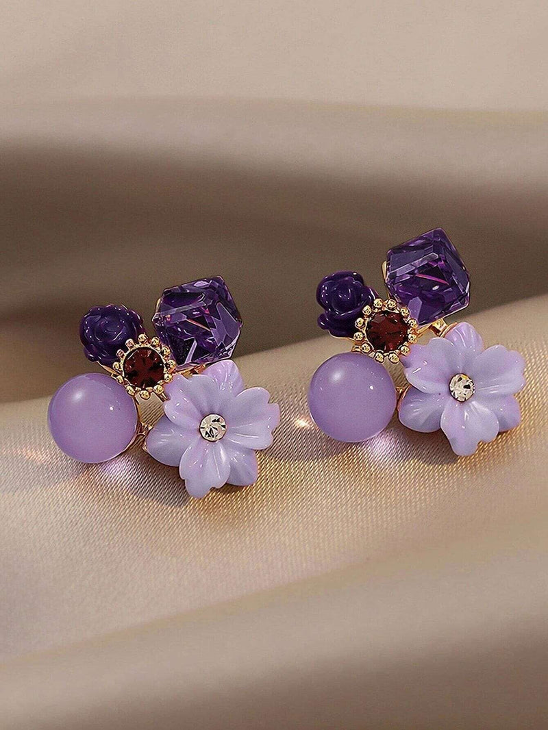 10K Gold Plated Purple Flower Stud Earrings, Amethyst Cluster Wedding Floral Studs, Bridal or Bridesmaid Lilac Stud Earrings - KaleaBoutique.com