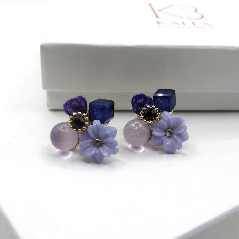 10K Gold Plated Purple Flower Amethyst Style Cubic CZ Crystal Floral Wedding Bridal Bridesmaid Lilac Cluster Fashion 0.8"L Stud Earrings - KaleaBoutique.com