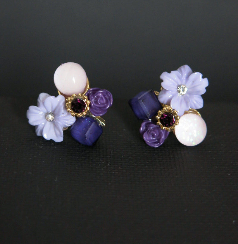 10K Gold Plated Purple Flower Stud Earrings, Amethyst Cluster Wedding Floral Studs, Bridal or Bridesmaid Lilac Stud Earrings - KaleaBoutique.com