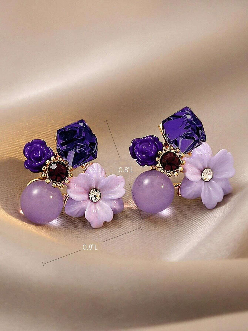 10K Gold Plated Purple Flower Stud Earrings, Amethyst Cluster Wedding Floral Studs, Bridal or Bridesmaid Lilac Stud Earrings - KaleaBoutique.com