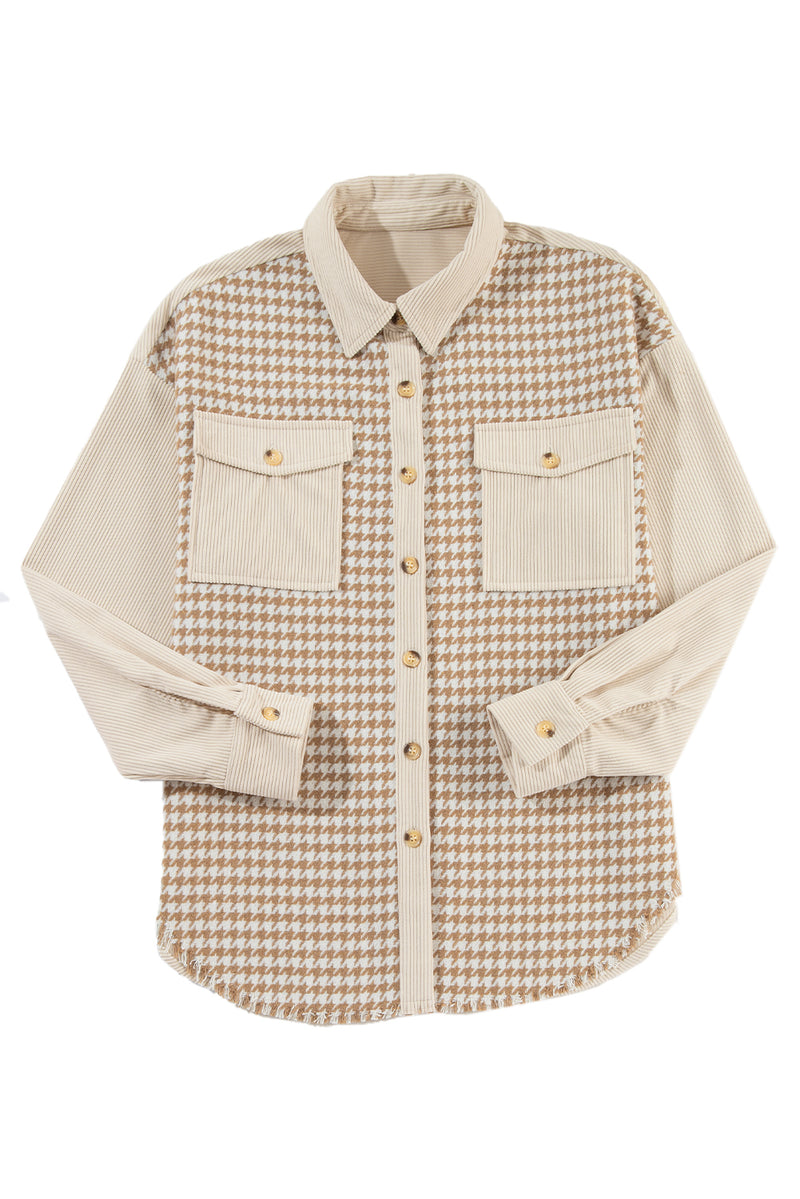 KaleaBoutique Houndstooth Corduroy Patchwork Flap Pocket Shacket - KaleaBoutique.com