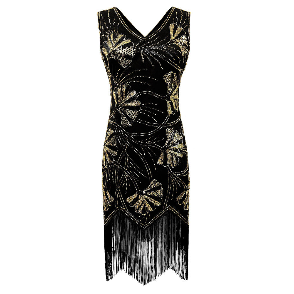 Women's Vintage V-Neck Sequin Tassel Evening Dress - KaleaBoutique.com