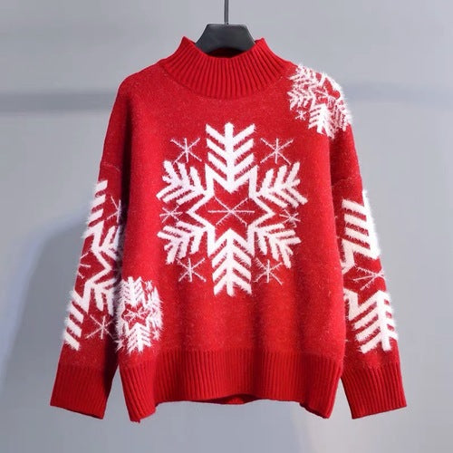 Women's Large Snowflake Oversized Mock-Neck Christmas Fuzzy Sweater - KaleaBoutique.com