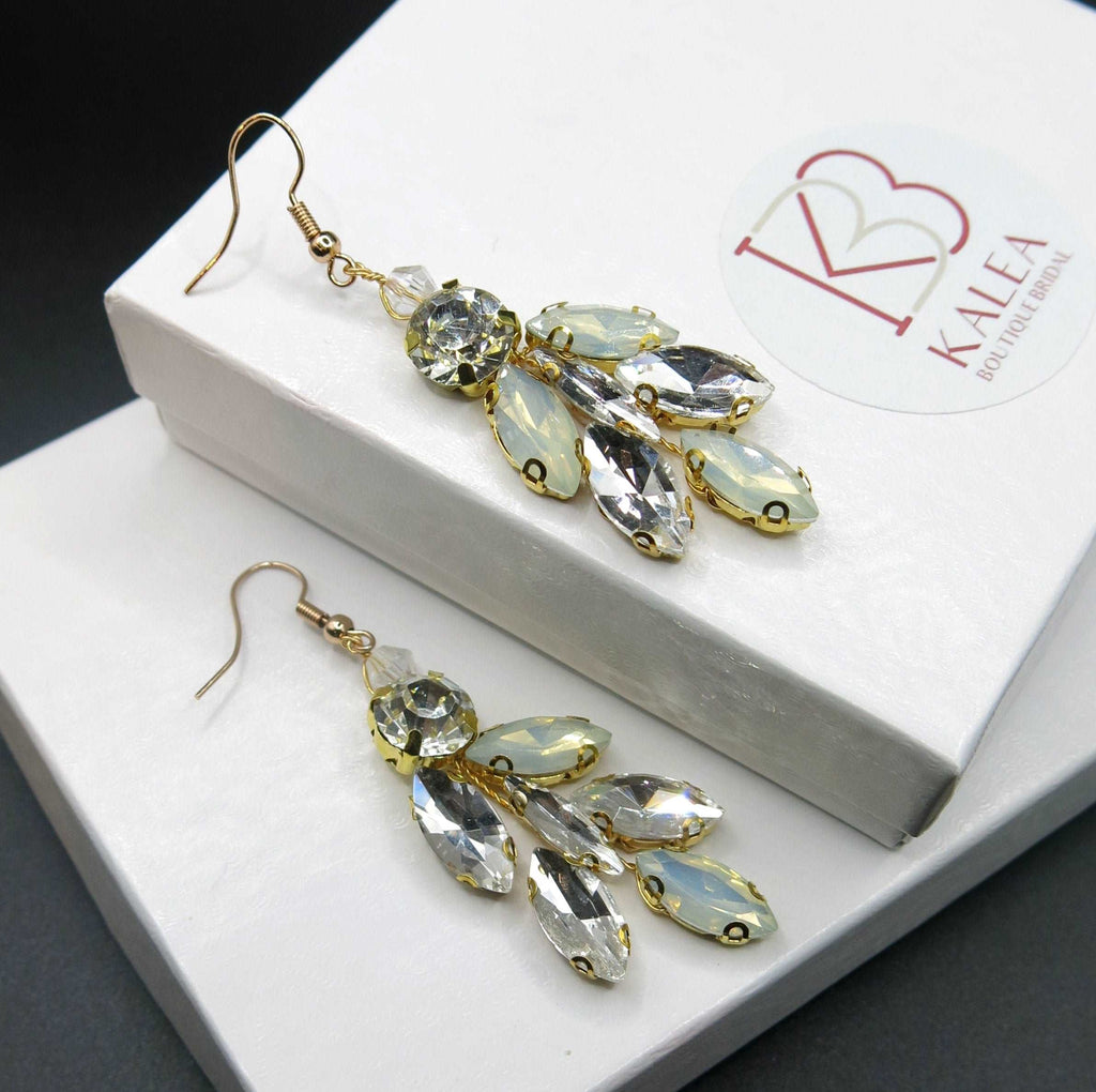 Opal Style Crystal Earrings, Bridal Rhinestone Gem Earrings, Wedding Dangle Gem Wire Earrings - KaleaBoutique.com