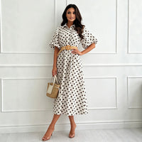 Women's Polka-Dot Collared Puff-Sleeve Midi Dress - KaleaBoutique.com