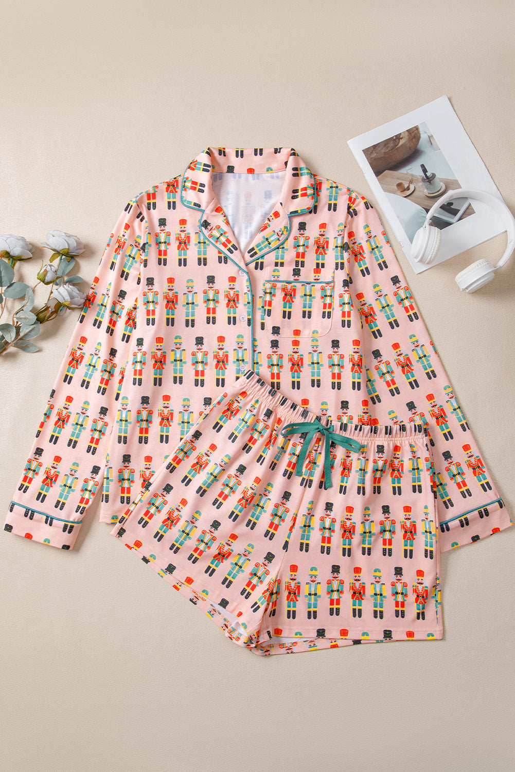 KaleaBoutique Comfortable Nutcracker March Long Sleeve Button Up 2pcs Pajama Short Set - KaleaBoutique.com