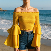 Women's Off-Shoulder Smocked Tiered Flare-Sleeve Top