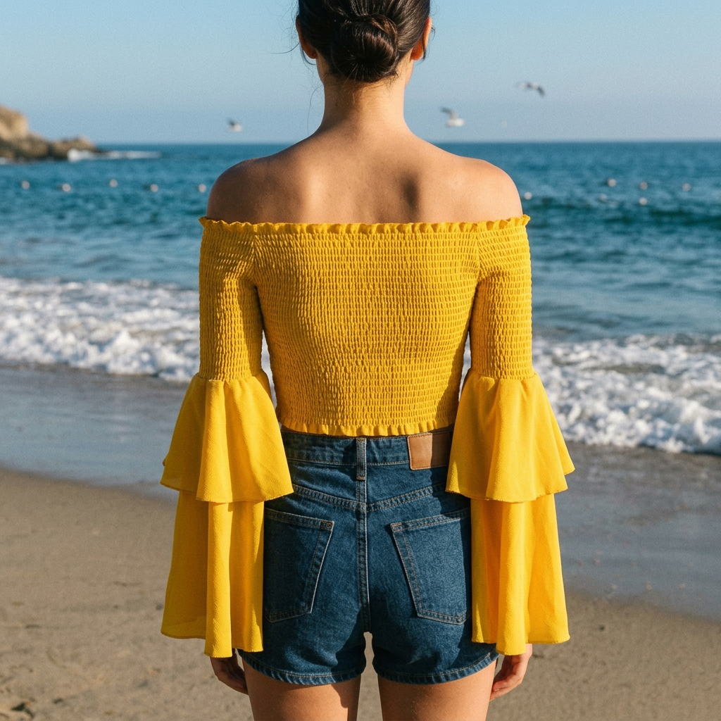 Women's Off-Shoulder Smocked Tiered Flare-Sleeve Top