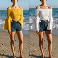 Women's Off-Shoulder Smocked Tiered Flare-Sleeve Top