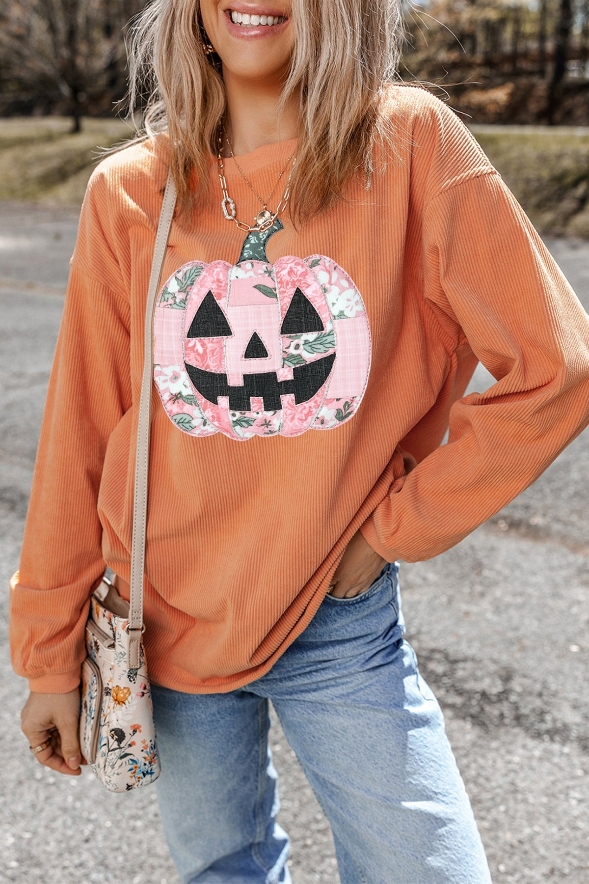 Orange Patchwork Pumpkin Corduroy Ribbed Halloween Tunic Sweatshirt - KaleaBoutique.com