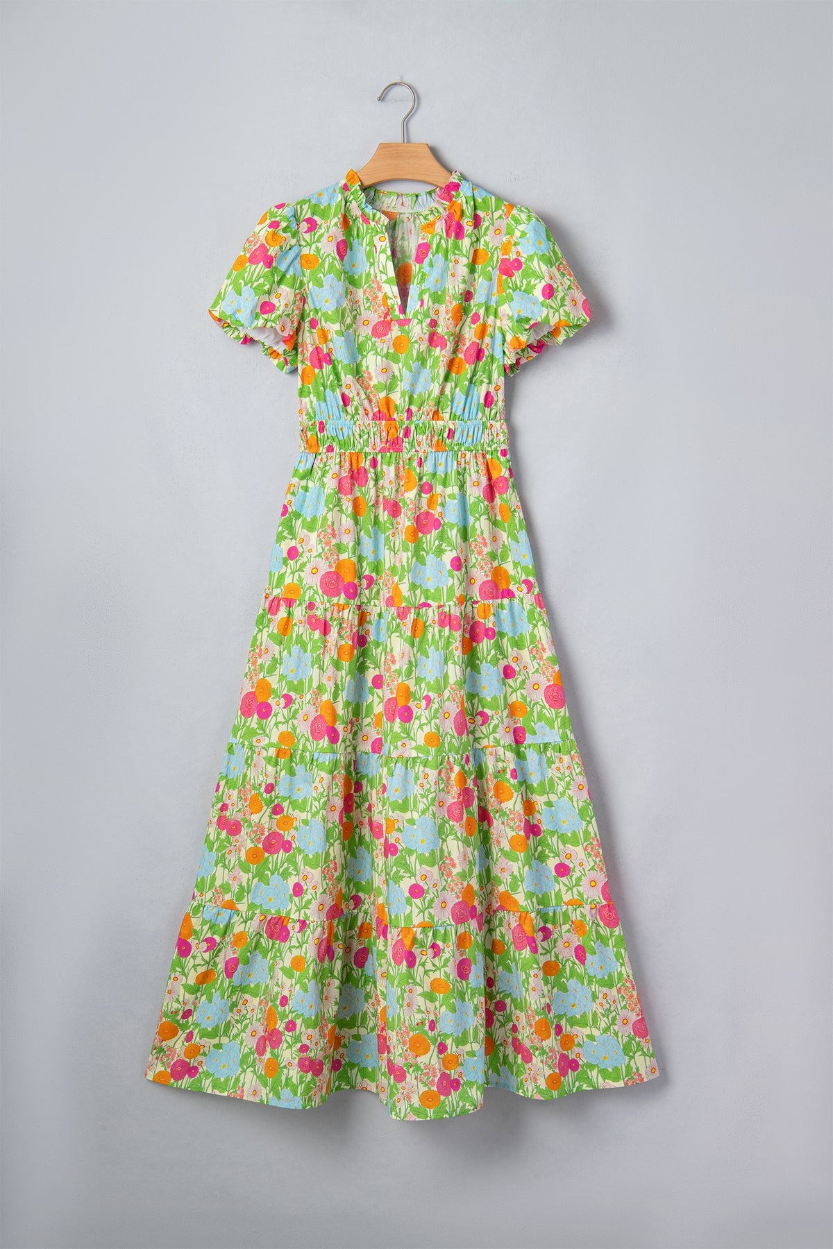 KaleaBoutique Comfortable Floral Print V Neck Short Puff Sleeve Cotton Maxi Dress - KaleaBoutique.com
