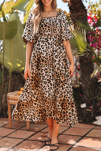 KaleaBoutique Stylish Leopard Print Bubble Sleeve Square Neck Maxi Dress - KaleaBoutique.com