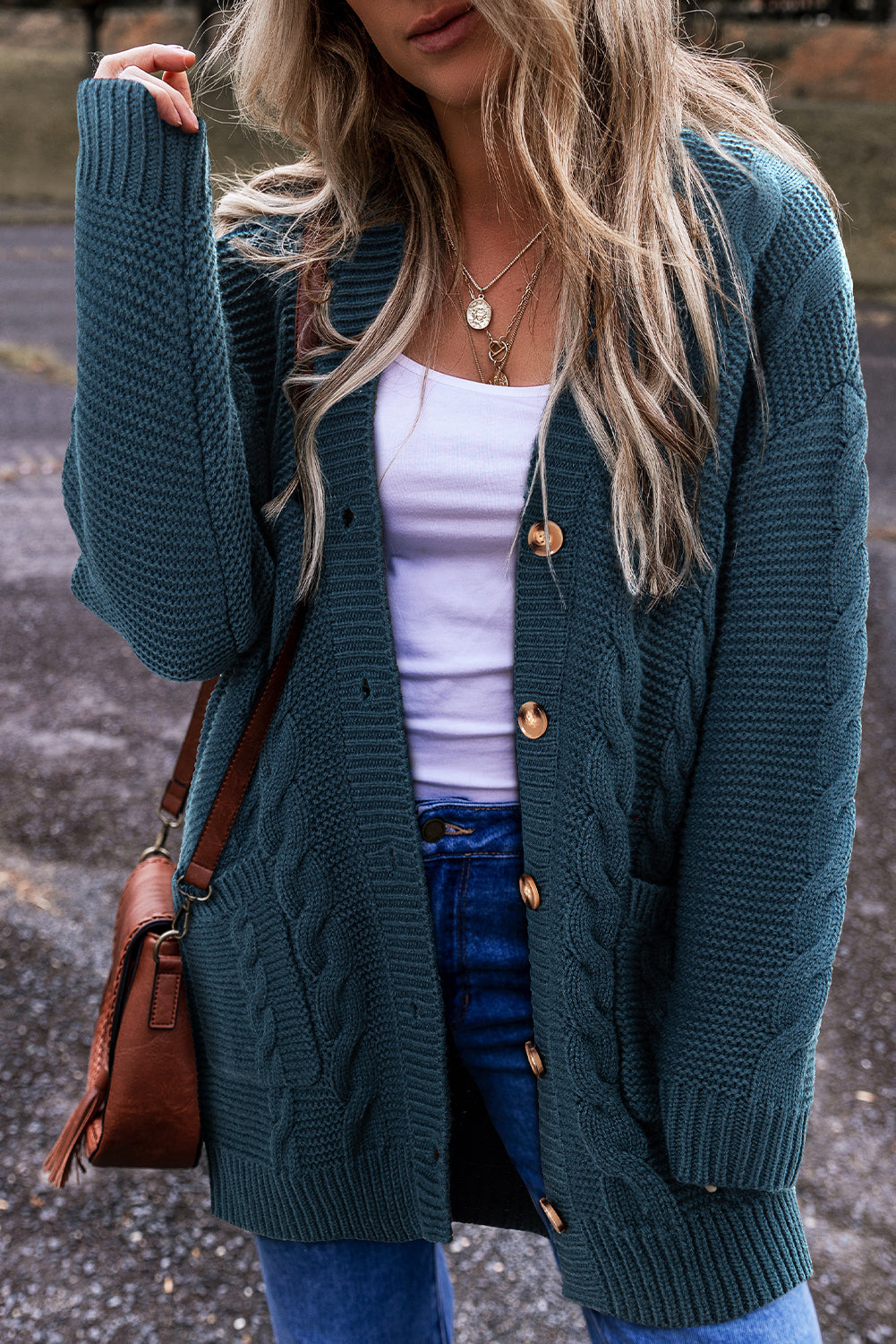 Cable Knit Button Front Pocketed Baggy Cardigan - KaleaBoutique.com