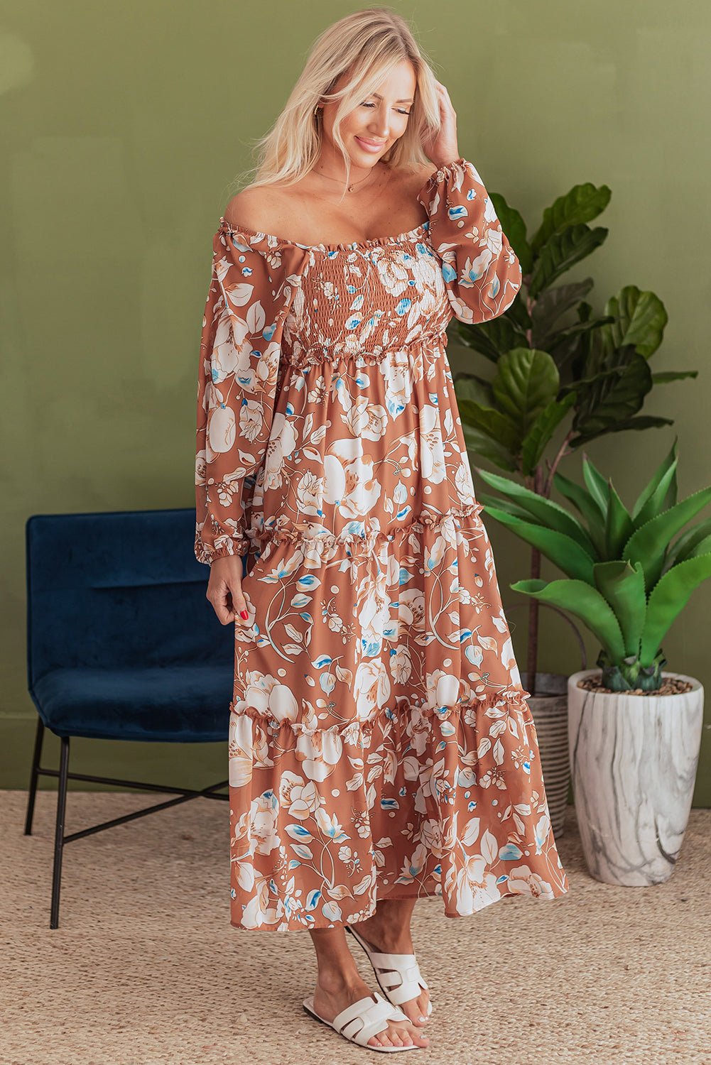 KaleaBoutique Beautiful Floral Print Shirred Square Neck High Waist Maxi Dress - KaleaBoutique.com