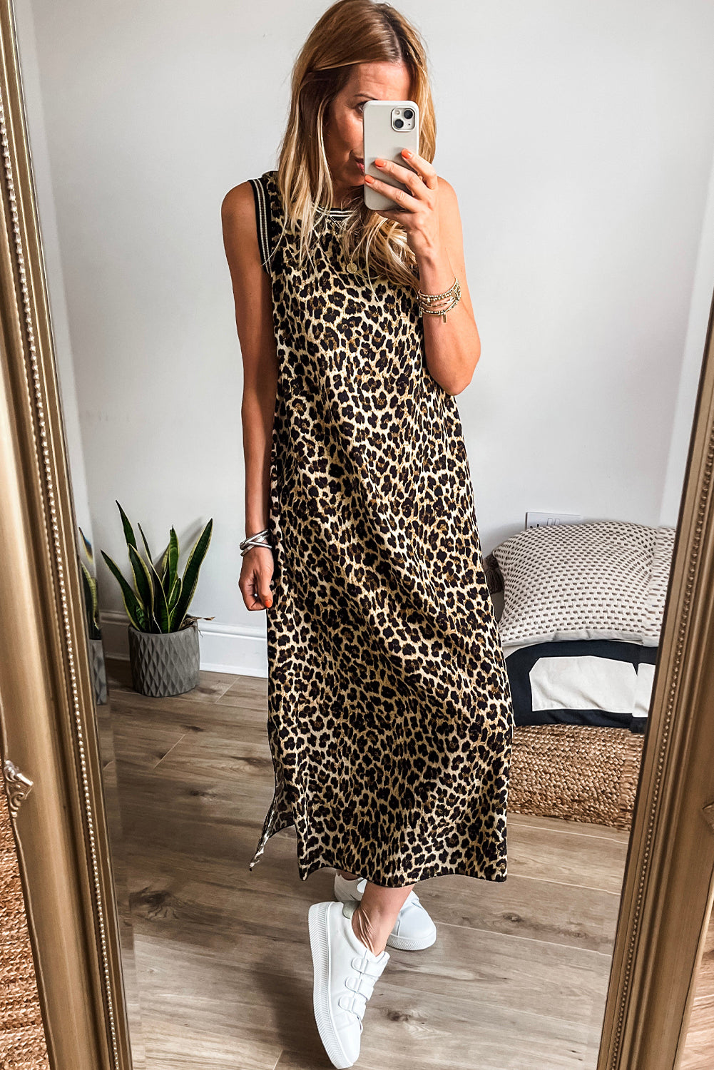 KaleaBoutique Stylish Contrast Striped Trim Leopard Sleeveless Maxi Dress - KaleaBoutique.com