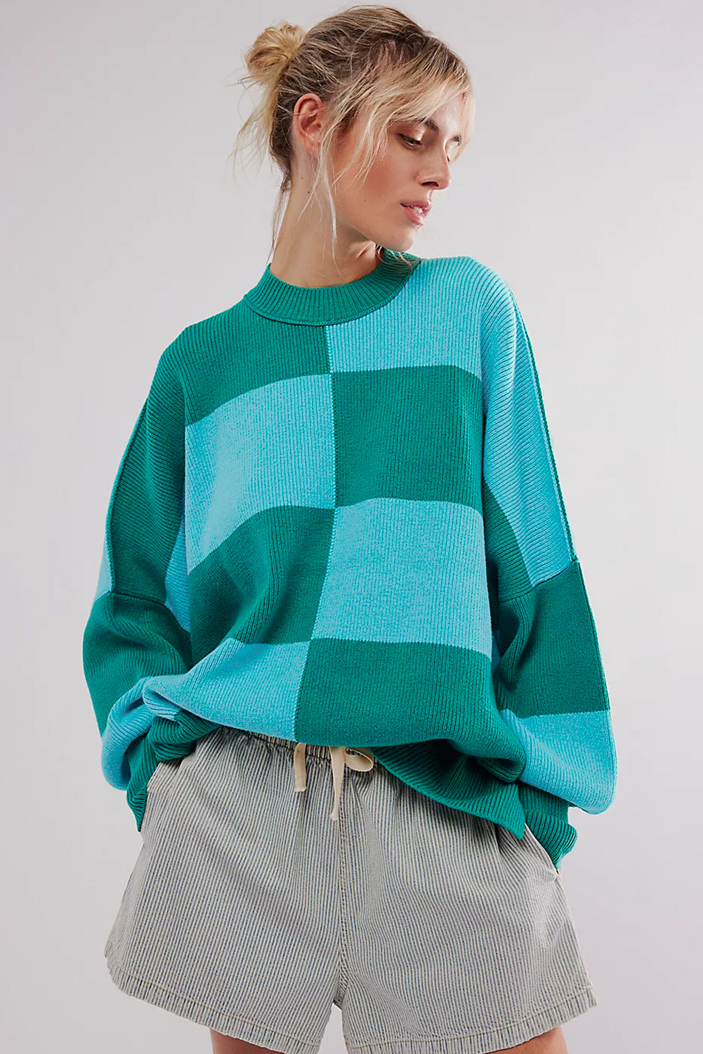 KaleaBoutique Checkered Side Slits Drop Shoulder Oversized Sweater - KaleaBoutique.com