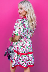 Floral Print Contrast Trim V Neck Bubble Short Sleeve Babydoll Dress - KaleaBoutique.com