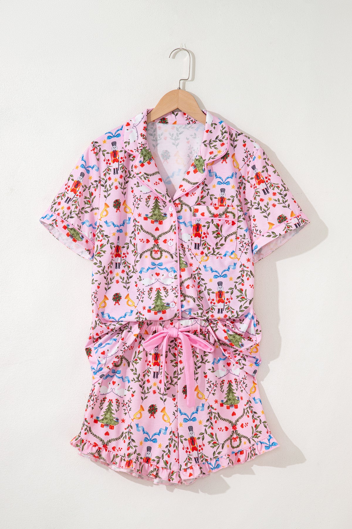 KaleaBoutique Comfortable Nutcracker Doll Christmas Print Ribbon Tie Waist Short 2pcs Pajama Set - KaleaBoutique.com