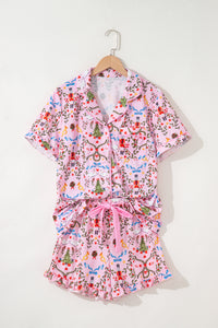 KaleaBoutique Comfortable Nutcracker Doll Christmas Print Ribbon Tie Waist Short 2pcs Pajama Set - KaleaBoutique.com
