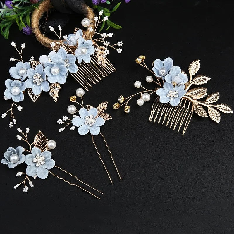 Blue Flower Bridal Hair Comb, Bridesmaid Floral Blue Hairpieces, Wedding Blue Flower Wire Hairpins - KaleaBoutique.com