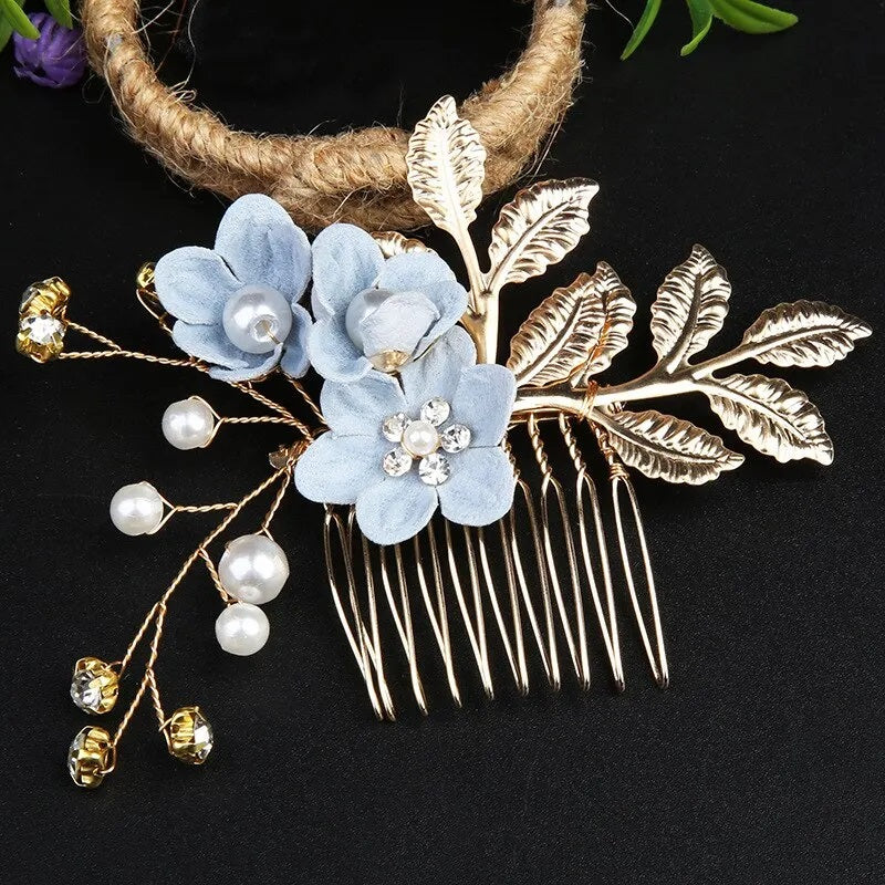 Blue Flower Bridal Hair Comb, Bridesmaid Floral Blue Hairpieces, Wedding Blue Flower Wire Hairpins - KaleaBoutique.com