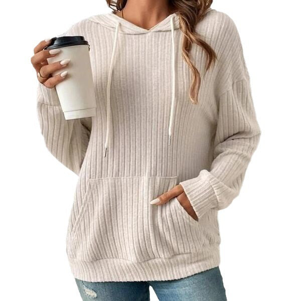 Women's Ribbed Drawstring Pullover Hoodie with Kangaroo Pocket - KaleaBoutique.com