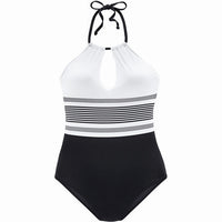 Women Striped Halter Keyhole Black and White One-Piece Swimsuit - KaleaBoutique.com