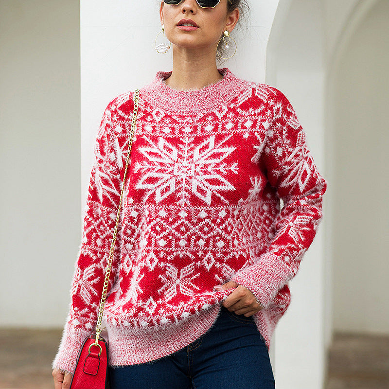Women's Christmas Snowflake Crewneck Pullover Sweater - KaleaBoutique.com