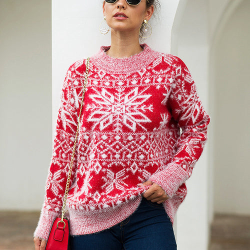 Women's Christmas Snowflake Crewneck Pullover Sweater - KaleaBoutique.com