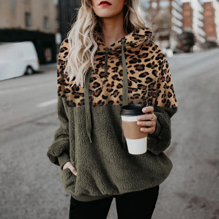 Women's Leopard-Print Colorblock Plush Pullover Hoodie - KaleaBoutique.com