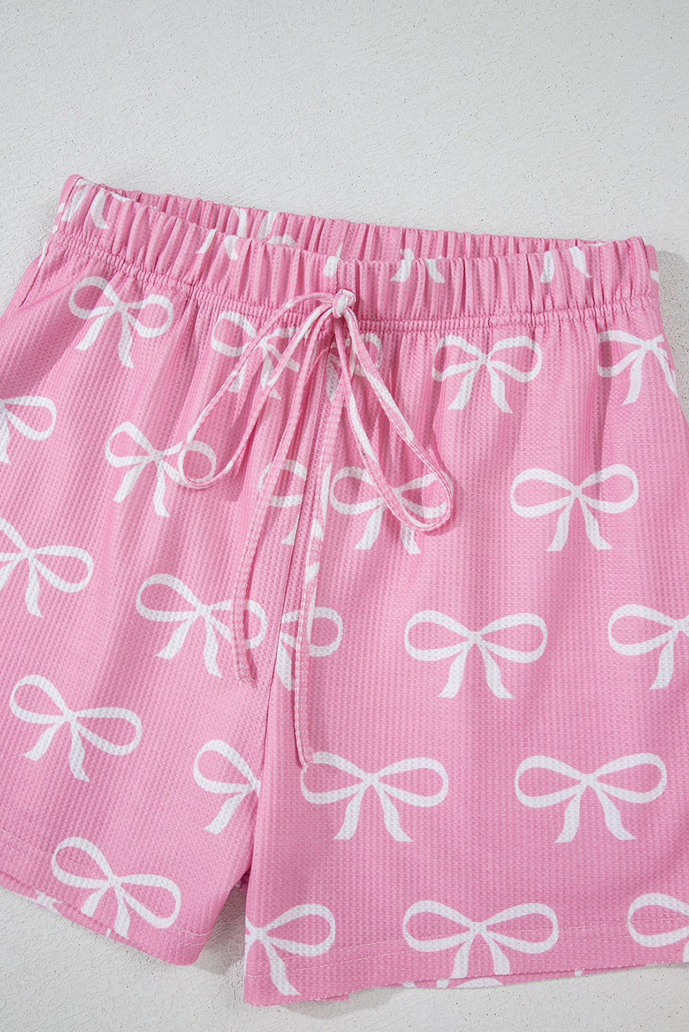 KaleaBoutique Stylish Waffle Knit Bowknot Printed V Neck T Shirt and Shorts Set - KaleaBoutique.com