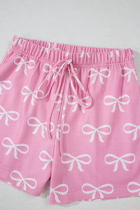 KaleaBoutique Stylish Waffle Knit Bowknot Printed V Neck T Shirt and Shorts Set - KaleaBoutique.com