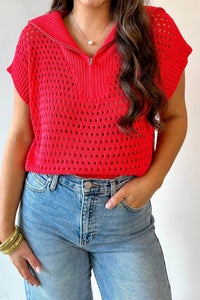 KaleaBoutique Stylish Solid Color Hollowed Knit Short Sleeve Zipper Collar Knitwear Top - KaleaBoutique.com