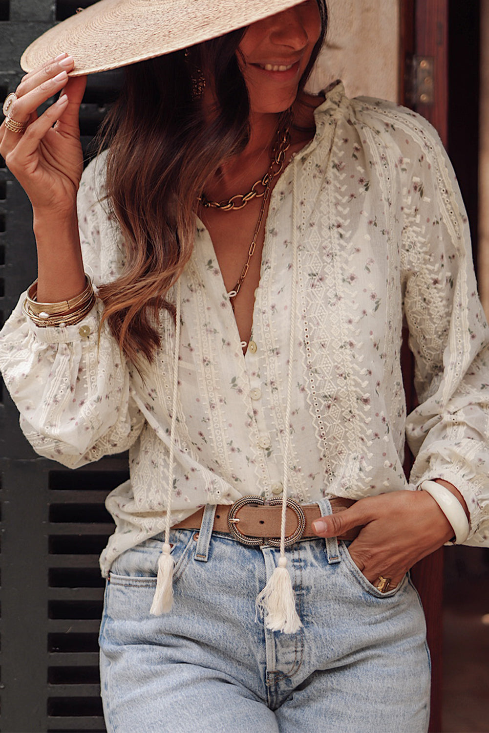 KaleaBoutique Floral Embroidered Lace Bubble Sleeve Shirt - KaleaBoutique.com