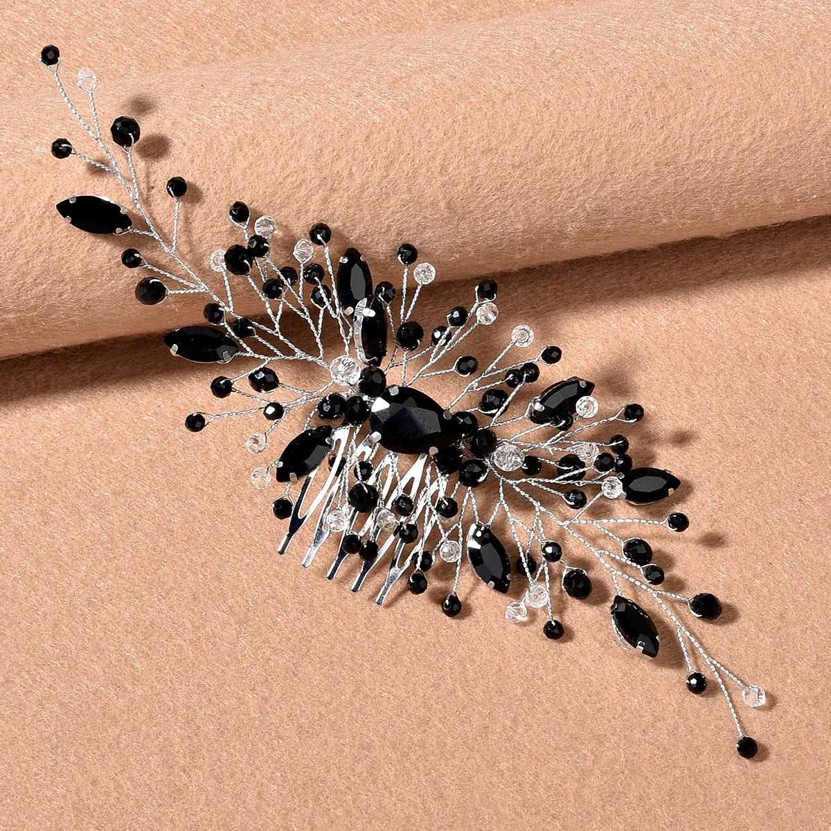 Black Gem Bridal Hair Comb, Rhinestone Gothic Hairpiece, Large Wedding Black Crystal Headpiece - KaleaBoutique.com