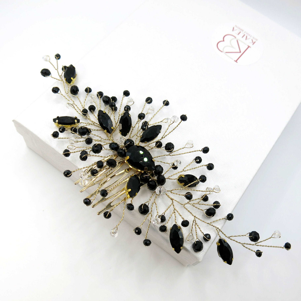 Black Gem Bridal Hair Comb, Rhinestone Gothic Hairpiece, Large Wedding Black Crystal Headpiece - KaleaBoutique.com