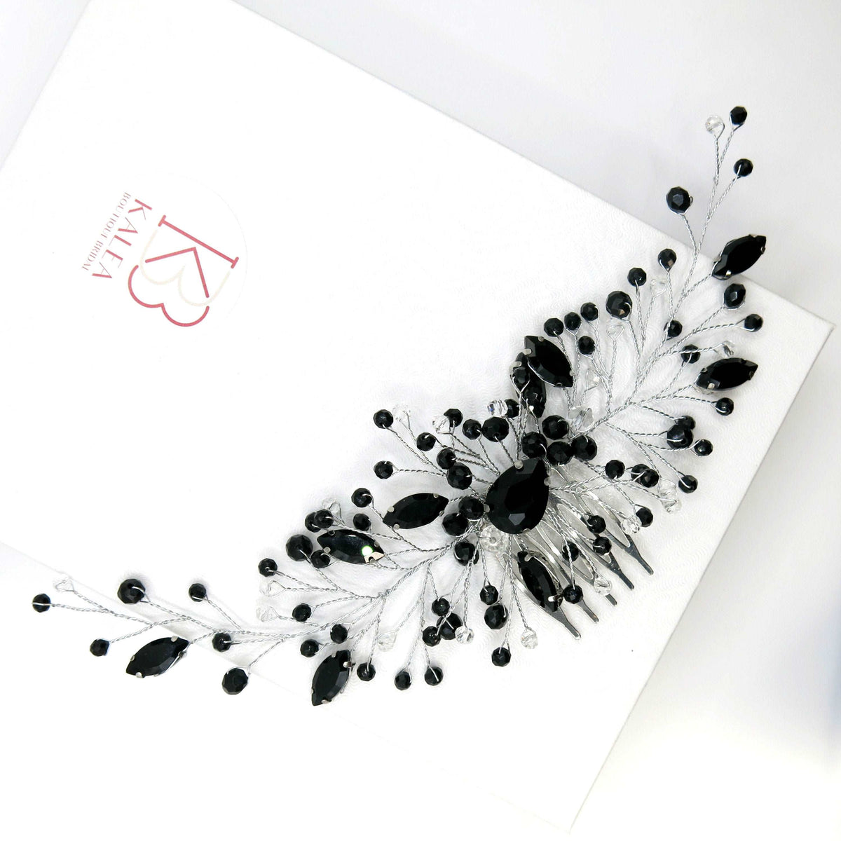 Black Gem Bridal Hair Comb, Rhinestone Gothic Hairpiece, Large Wedding Black Crystal Headpiece - KaleaBoutique.com