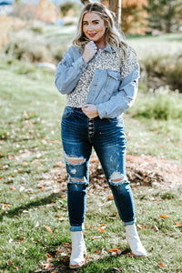Blue Plus Size Leopard Ripped Cropped Denim Jacket - KaleaBoutique.com